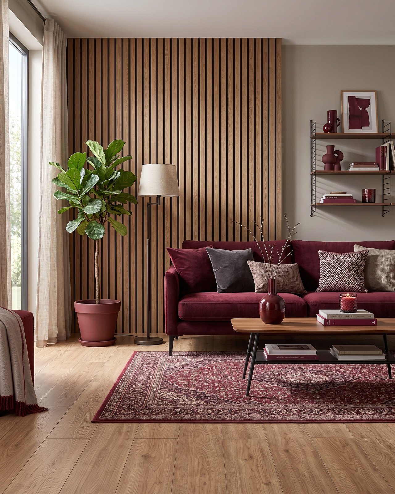 Sala com sofá vinho, painel ripado e piso amadeirado